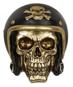 Totenkopf-Spardose mit Motorradhelm