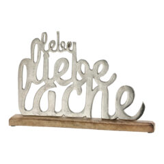 Schriftzug "Lebe Liebe Lache" aus Aluminium mit Holzsockel