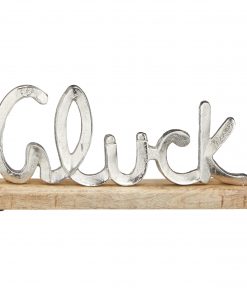 Schriftzug "Glück" aus Aluminium auf Holzfuß S