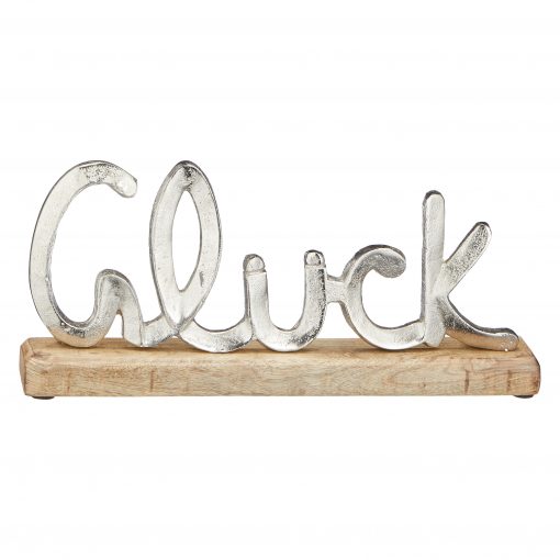 Schriftzug "Glück" aus Aluminium auf Holzfuß S