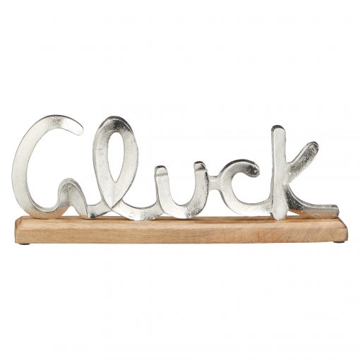 Schriftzug "Glück" aus Aluminium auf Holzfuß L