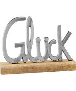 Schriftzug "Glück" aus Alu auf Holzfuß