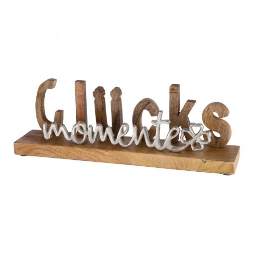 Schriftzug "Glücksmomente" aus Aluminium und Mangoholz