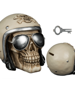 Totenkopf-Spardose mit Motorradhelm und Sonnenbrille