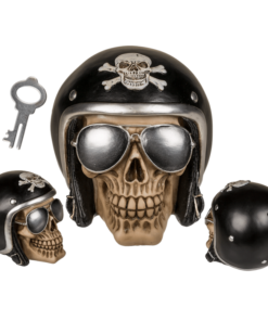 Totenkopf-Spardose Sonnenbrille und Motorradhelm