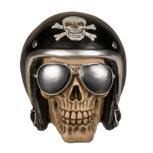 Totenkopf-Spardose Sonnenbrille und Motorradhelm