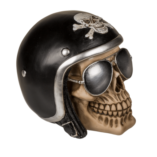 Totenkopf-Spardose Sonnenbrille und Motorradhelm