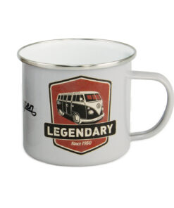 VW T1 Bulli Emaille Tasse - Vintage Logo in Grau