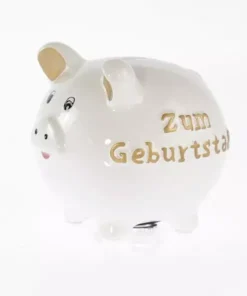 Sparschwein "Zum Geburtstag" aus Porzellan in Weiß und Gold