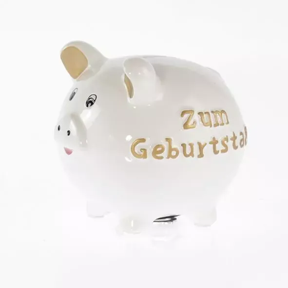 Sparschwein "Zum Geburtstag" aus Porzellan in Weiß und Gold