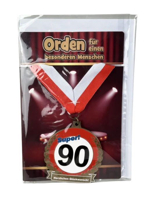 Glückwunschkarte mit Orden in Rot/Weiß zum 90. Geburtstag