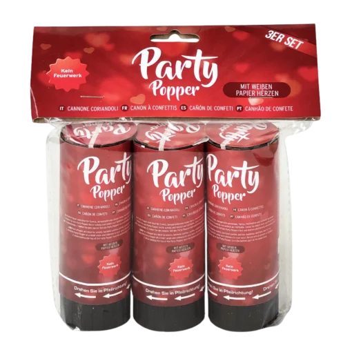 Party Popper "Weiße Herzen", 3er Set