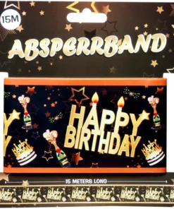 Absperrband "Happy Birthday" Schwarz/Gold