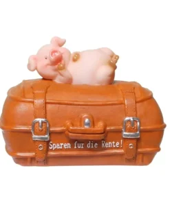 Spardose "Sparen für die Rente!" Schwein auf einem Koffer