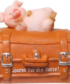 Spardose "Sparen für die Rente!" Schwein auf einem Koffer