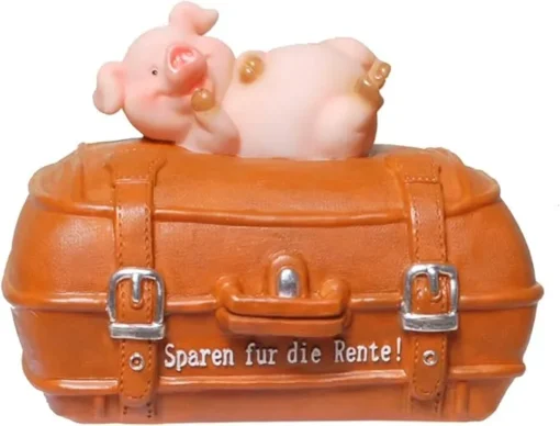 Spardose "Sparen für die Rente!" Schwein auf einem Koffer