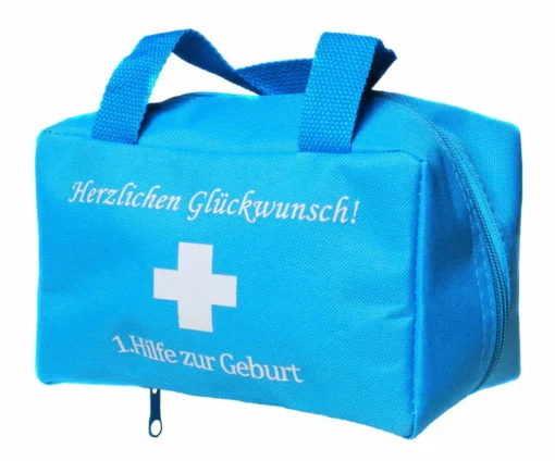 Tasche "1. Hilfe zur Geburt" Blau zur Geburt eines Jungen