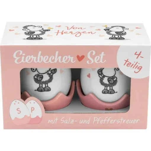 Sheepworld Eierbecher-Set "Von Herzen", 4-teilig. Zwei Eierbecher mit Salz- und Pfefferstreuer.