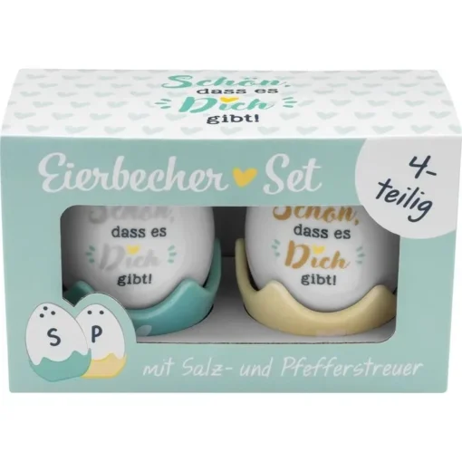 Sheepworld Eierbecher-Set "Schön", 4-teilig. Zwei Eierbecher mit Salz- und Pfefferstreuer.