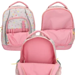 Zeigt vom TOPModel Schulrucksack JUICY die verschiedenen Taschenöffnungen auf der Front