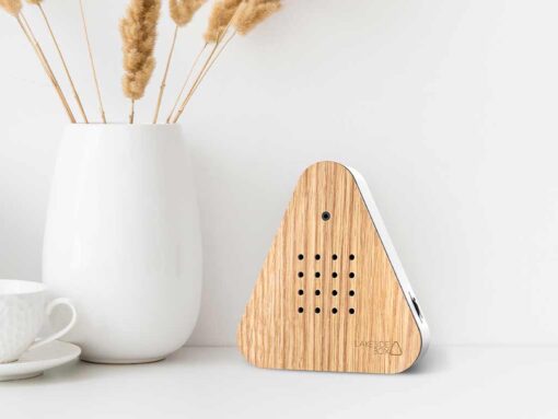 Zeigt die LakesideBox mit Holzfront aus Eiche auf einem Tisch mit einer Vase und Tasse Kaffee