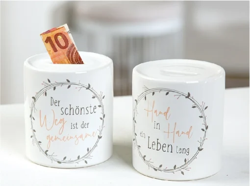 Spardose "Blumenkranz" mit Spruch