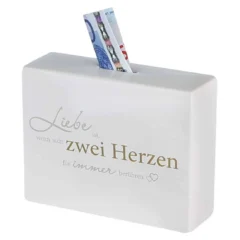 Spardose "Herz an Herz" mit Spruch