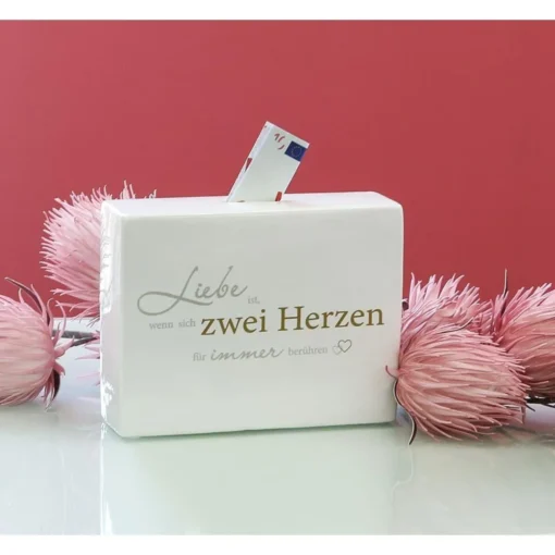 Spardose "Herz an Herz" mit Spruch, Stimmungsbild