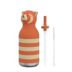 Thermosflasche Roter Panda - Bestie Bottle by Asobu, zeigt neben der Flasche den Trinkhalm und die kleine Bürste