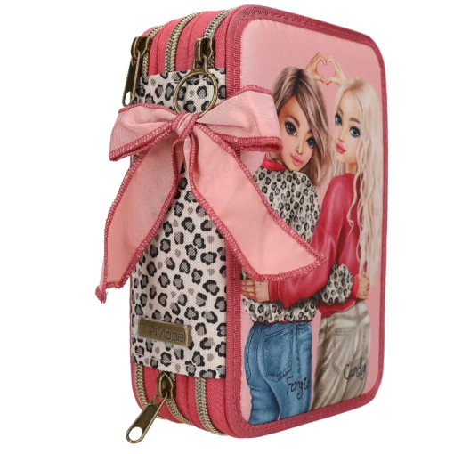 TOPModel 3-Fach Federtasche LEOHEART, im Fokus die rosafarbene Schleife am Reißverschluss
