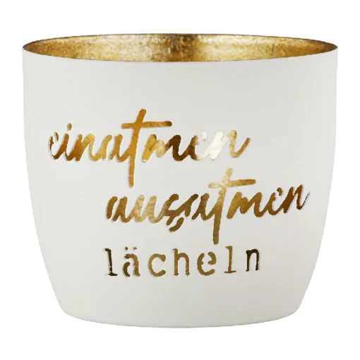 Windlicht "Einatmen" aus Metall, Beige / Gold