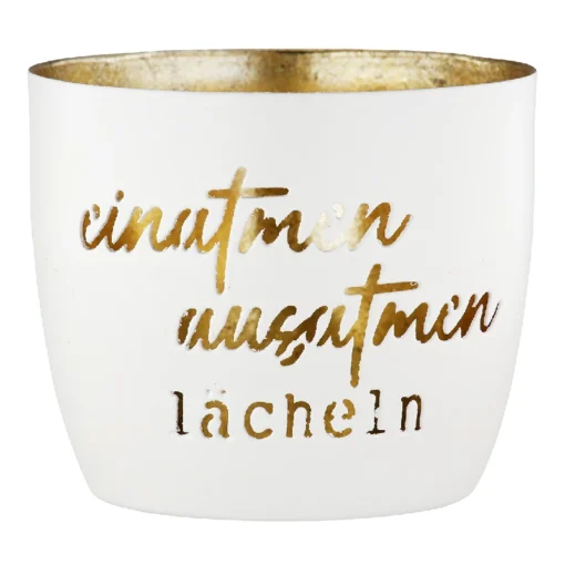 Windlicht "Einatmen" aus Metall, Creme / Gold