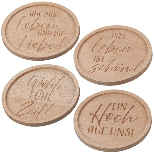 Runder Untersetzer aus Holz mit Spruch