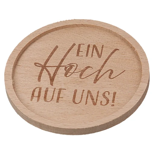 Runder Untersetzer aus Holz mit Spruch