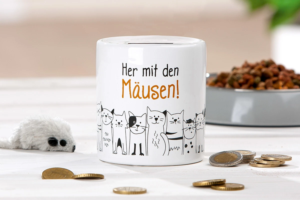 Spardose "Katzenbande" mit Spruch