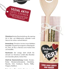 Kochlöffel „Herz“ mit Chimichurri Gewürzmischung im Reagenzglas