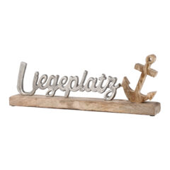 Schriftzug "Liegeplatz" aus Aluminium auf Holzfuß mit Holz - Anker